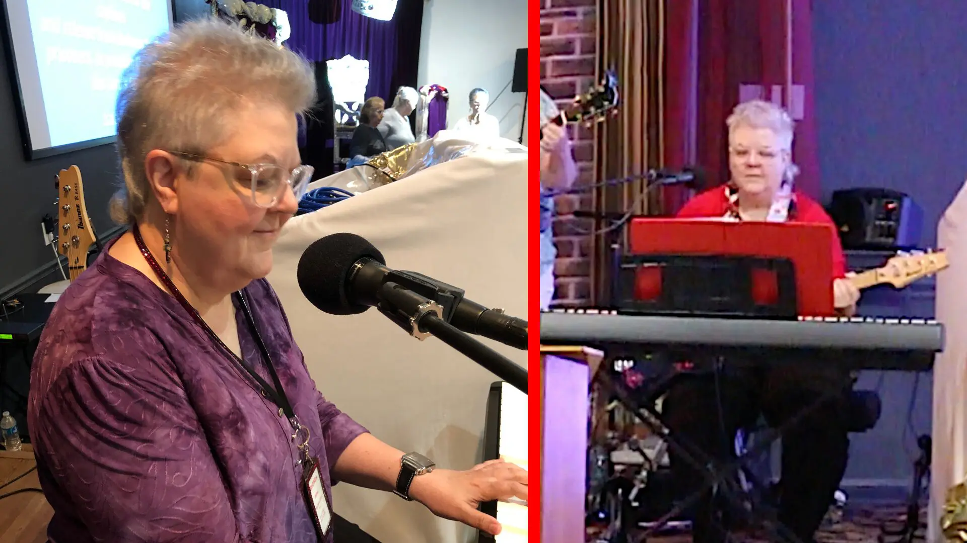 A woman is playing piano and singing on the microphone