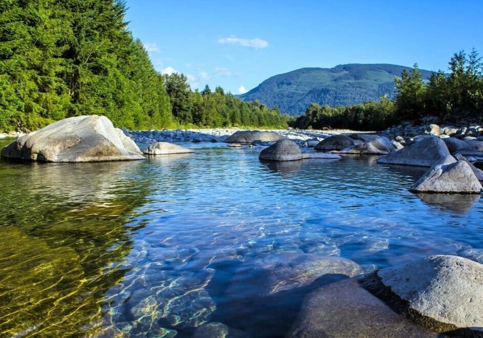 A river with rocks in it and trees around.